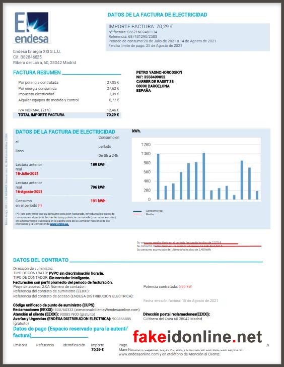 Spain Utility Bill PSD Template 1 - Spain Proof of Address